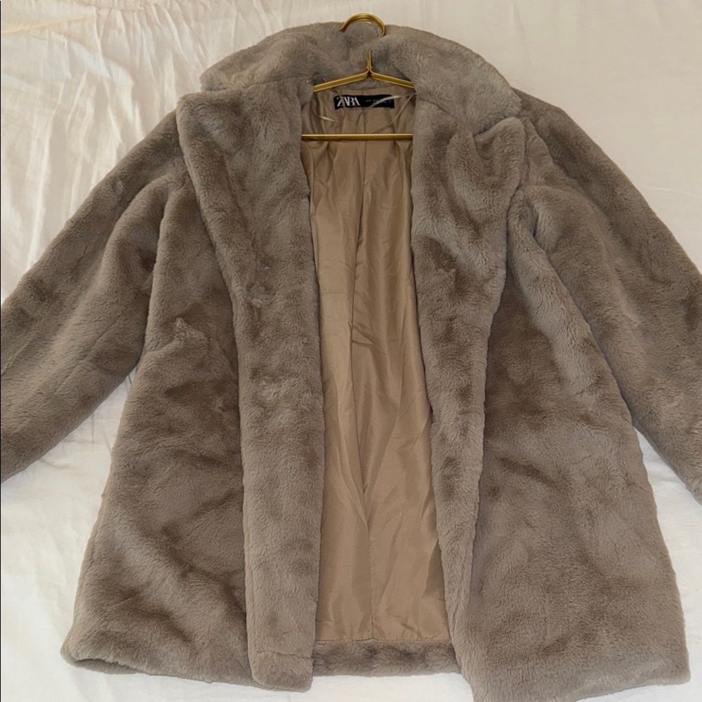 ZARA Taupe Faux Fur Teddy Coat Plush Jacket